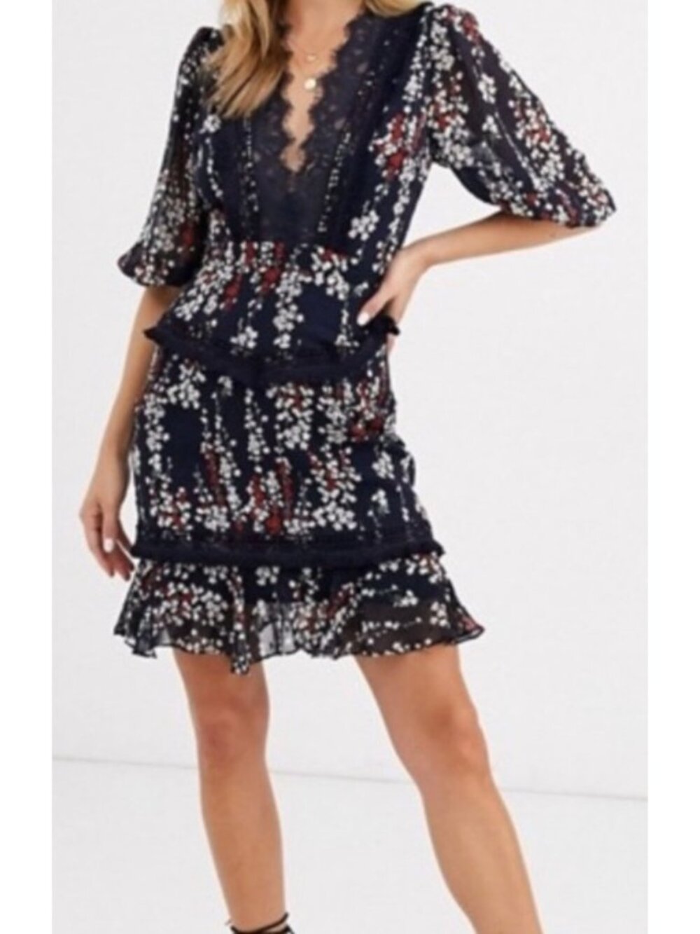 Dark Pink Navy Blue Floral Lace Mini Dress Womens 4 XS Tiered Ruffle Puff Sleeve